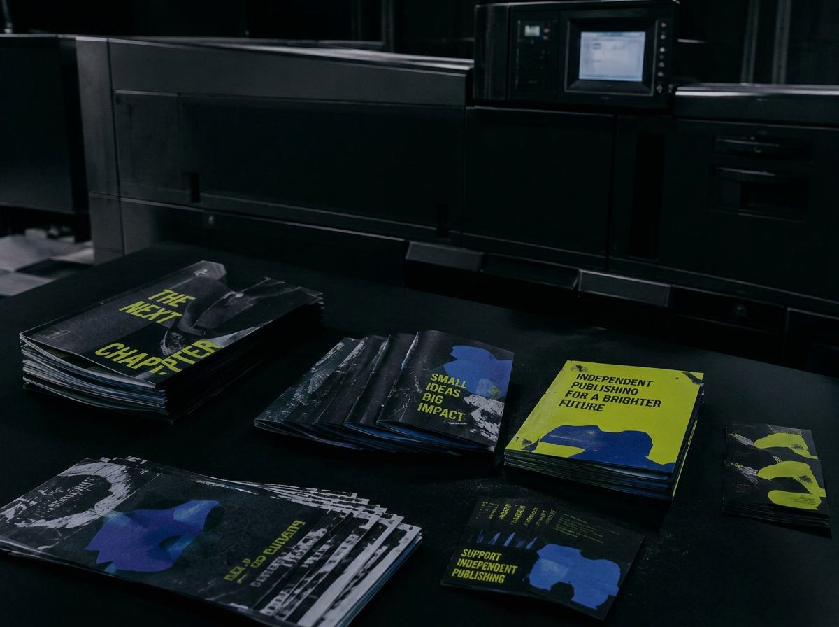 Stacks of printed zines, booklets and flyers in front of a digital press