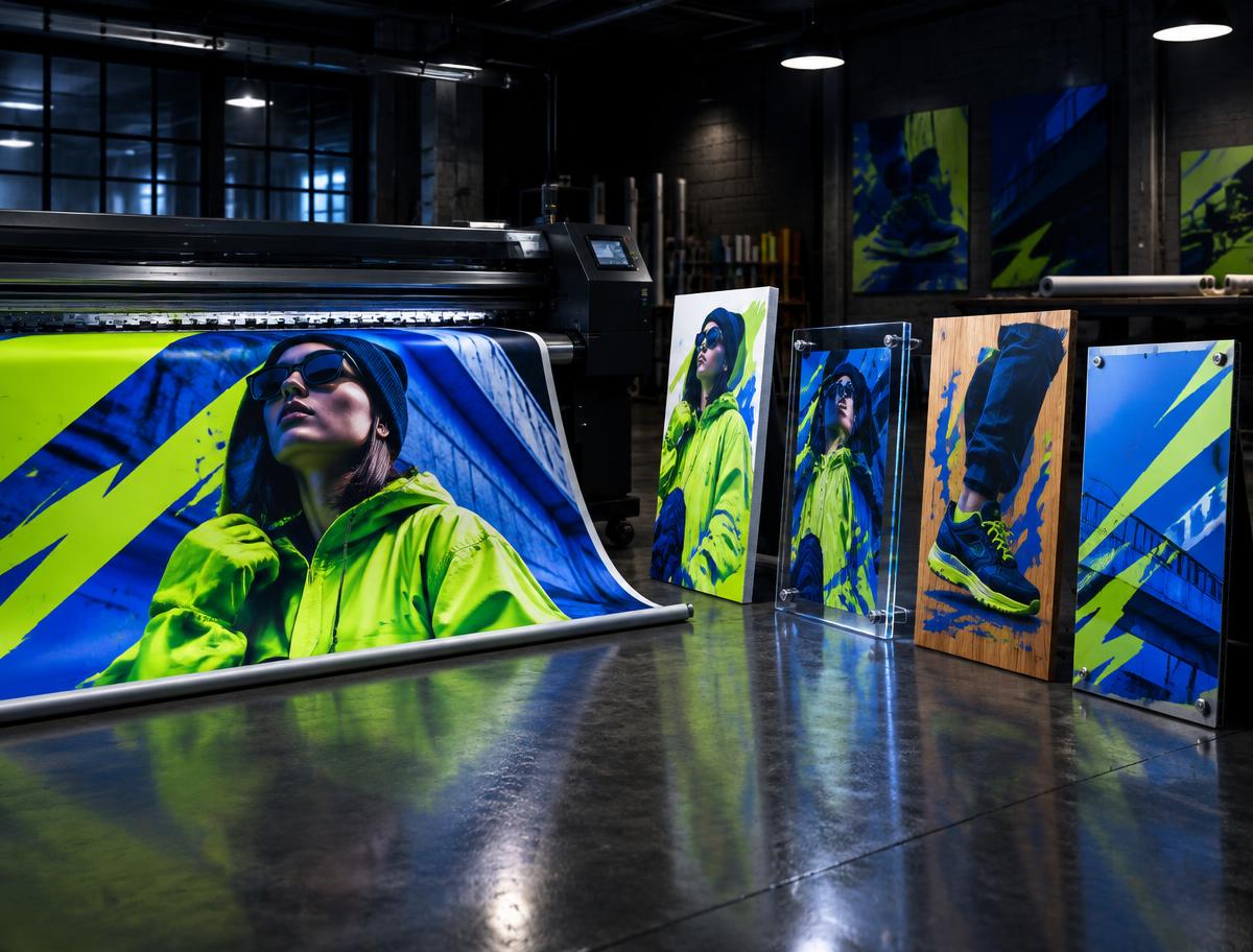 Wide-format printer outputting a large banner next to printed foamex, acrylic, wood and aluminium panels