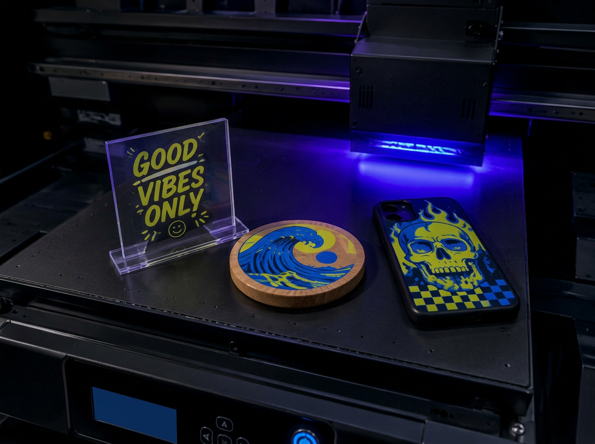 UV printed acrylic sign, wooden coaster and phone case on a UV printer bed